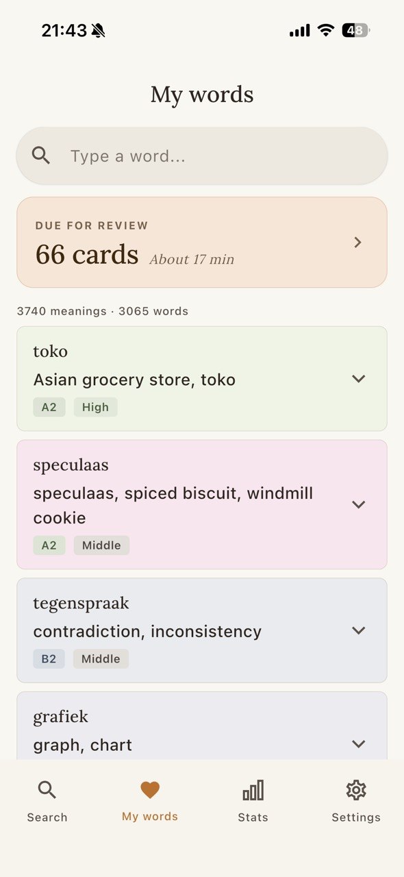 Scherm met opgeslagen woorden in OpenWords
