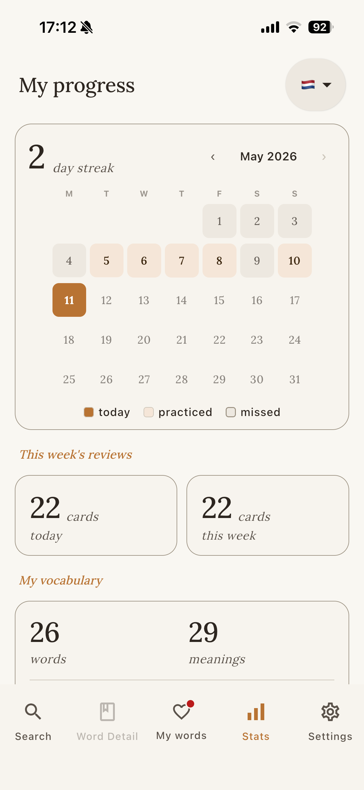 Voortgangsscherm van OpenWords met kalender en reeks